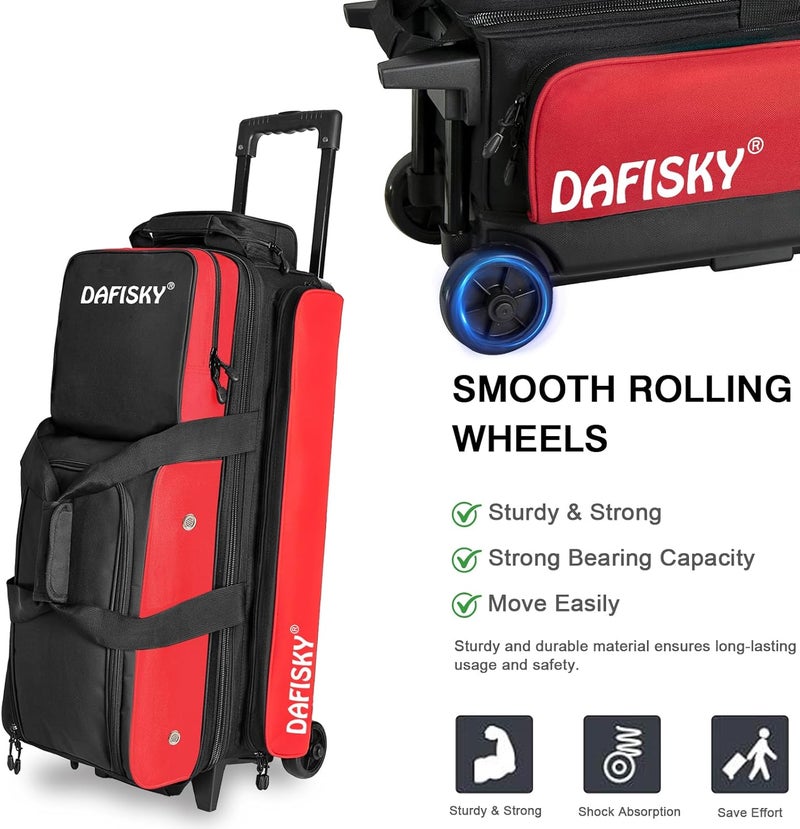 DAFISKY 3 ball bowling bags with wheels, bowling ball bag 3 ball roller with Multiple Pockets Retractable Handle - Image 3